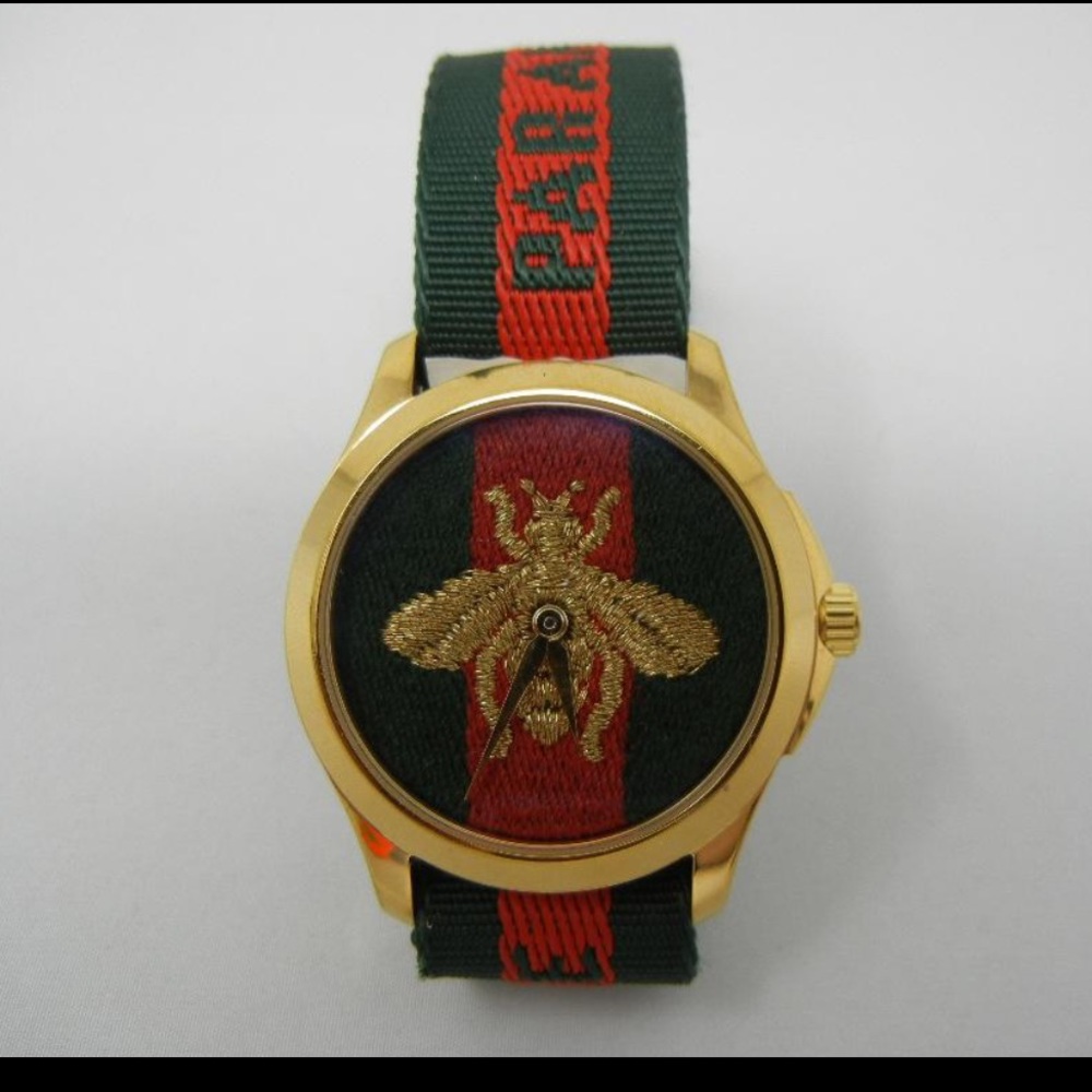 Gucci Watch, Bee, Yellow Plated Stainless Steel Round Green & Red Fly Nylon Dial